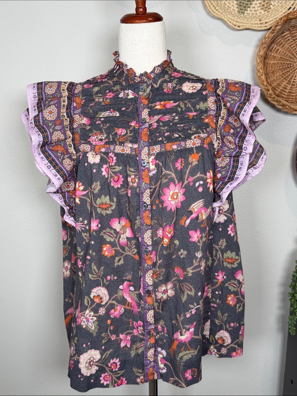 Sundance Marcleine Floral Top Coquette Ruffle Pintuck Boho Cottagecore Large